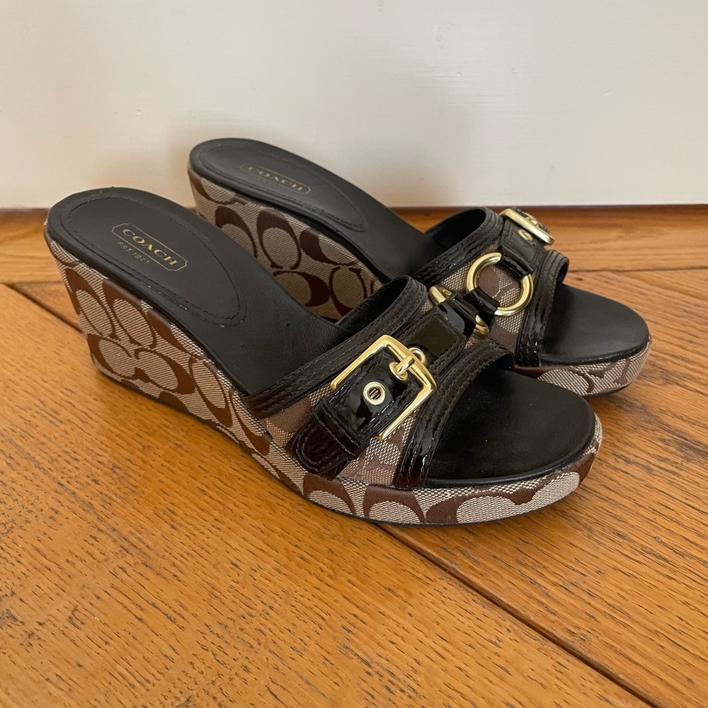 Coach Women's Black and Brown Wedge Sandals